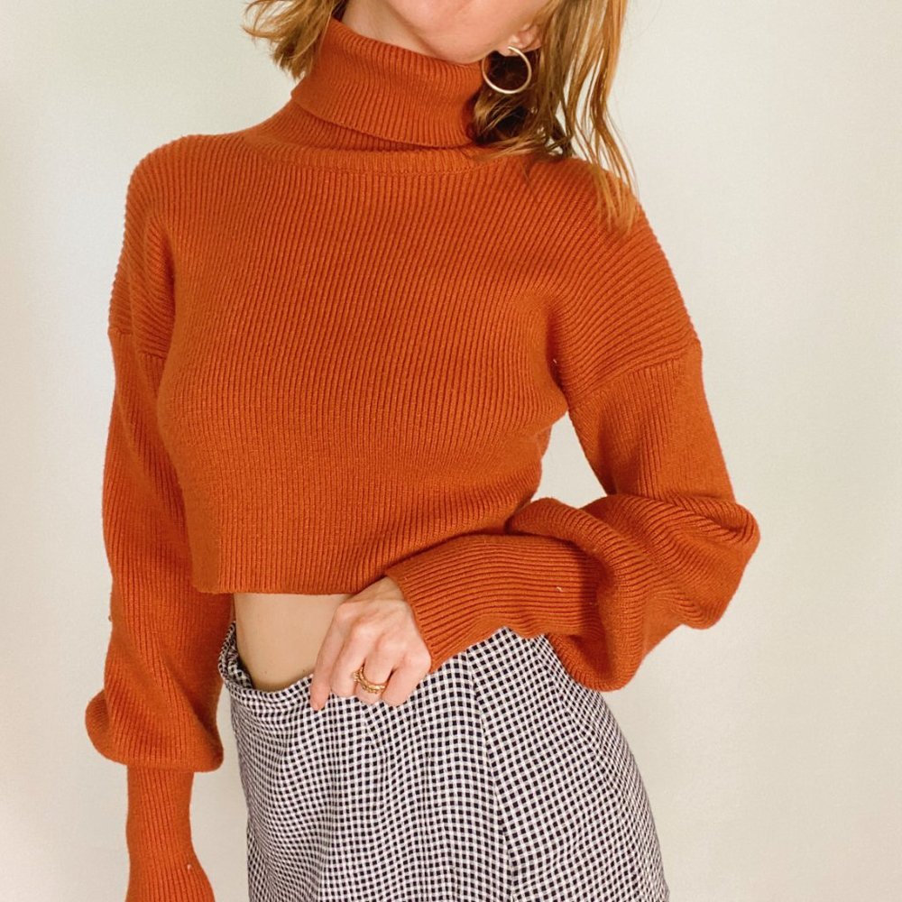 Orange Ribbed Turtleneck Cropped Balloon Sweater